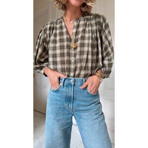 Madewell Olive & Cream Plaid Peasant Button-Front Blouse